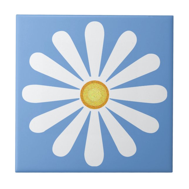 White daisy, yellow centre, on little boy blue tile (Front)
