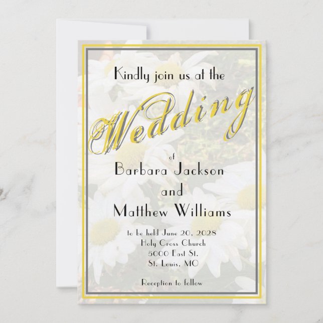 White Daisy Yellow Gold Script BoHo Spring Wedding Invitation (Front)
