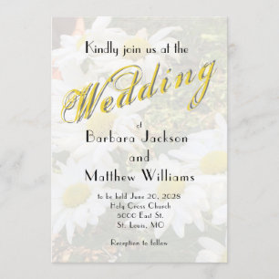 White Daisy Yellow Gold Script BoHo Spring Wedding Invitation