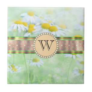 White Daisy's in Green Meadow Monogram Ceramic Tile
