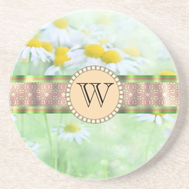 White Daisy's in Green Meadow Monogram Coaster (Front)
