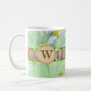 White Daisy's in Green Meadow Monogram Coffee Mug
