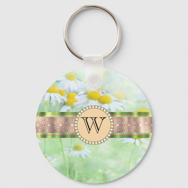 White Daisy's in Green Meadow Monogram Key Ring (Front)