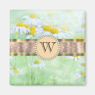 White Daisy's in Green Meadow Monogram Magnet