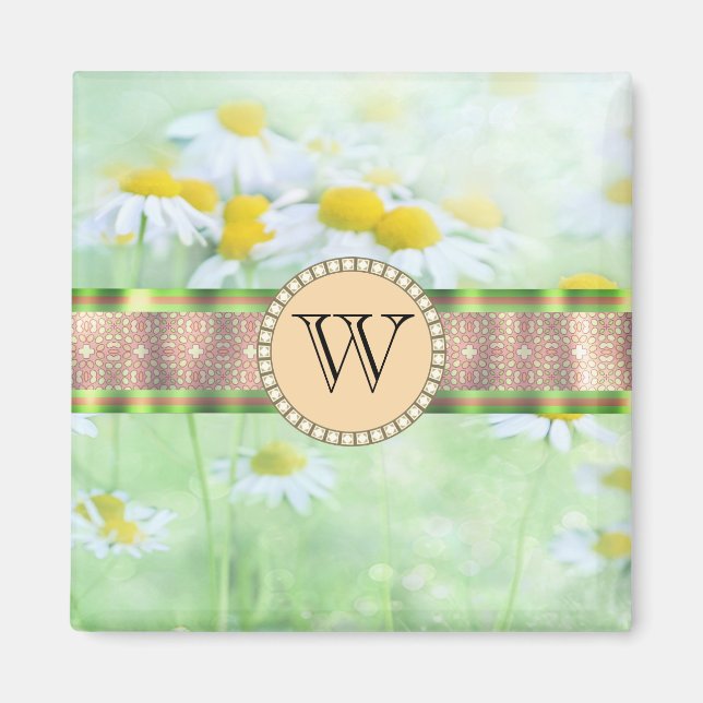 White Daisy's in Green Meadow Monogram Magnet (Front)