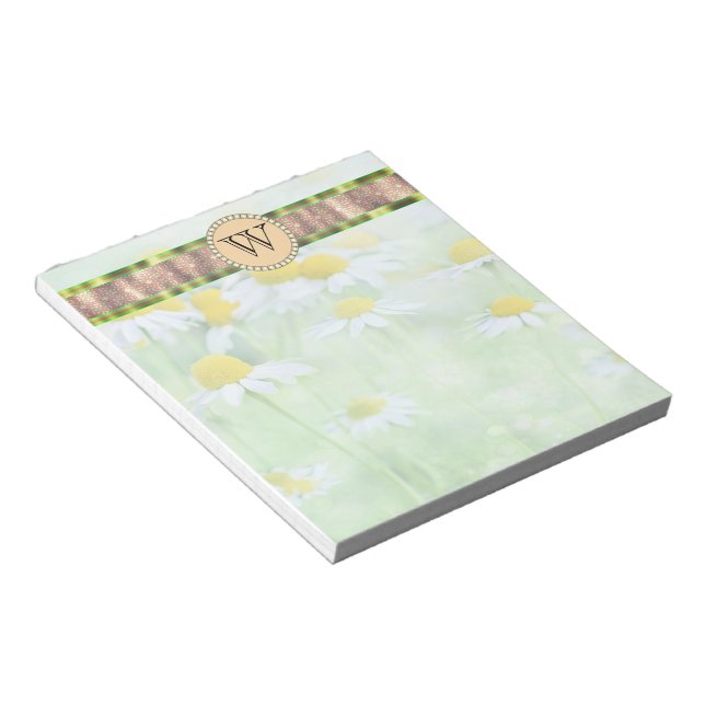 White Daisy's in Green Meadow Monogram Notepad (Angled)