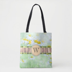 White Daisy's in Green Meadow Monogram Tote Bag