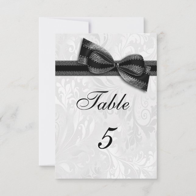 White Damask and Black Faux Bow Invitation (Back)