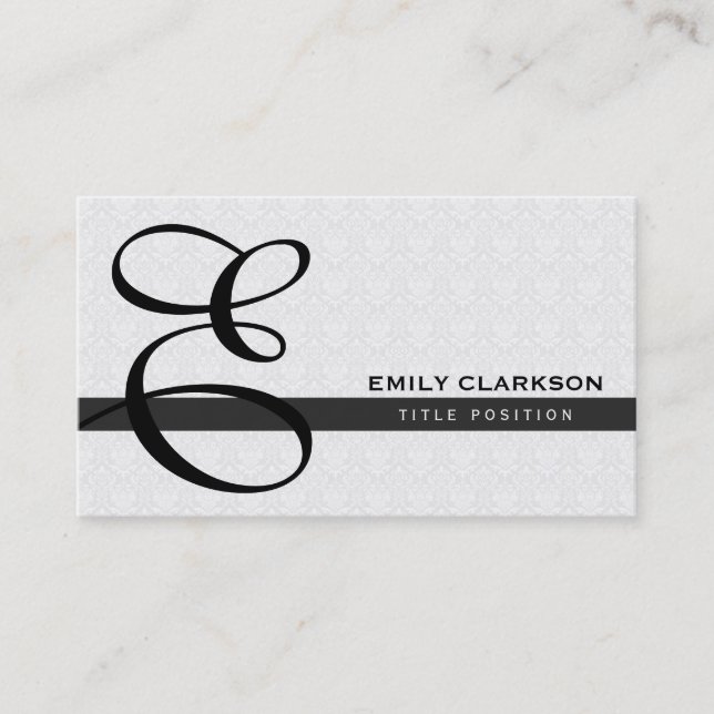 White Damask And Black Stripe Business Card (Front)