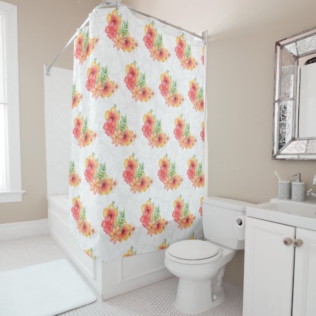 White Damask And Colourful Flowers Shower Curtain (In Situ)