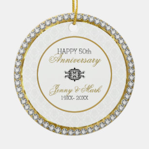 White Damask And Diamonds- 50th Anniversary Ceramic Tree Decoration