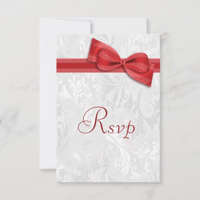White Damask and  Faux Bow RSVP (Front)