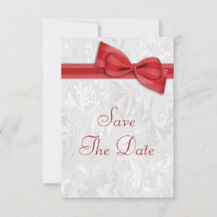 White Damask and  Faux Bow Save The Date Invitation