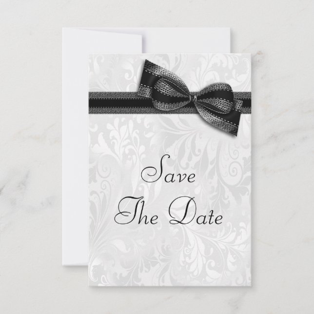 White Damask and  Faux Bow Save The Date Invitation (Front)