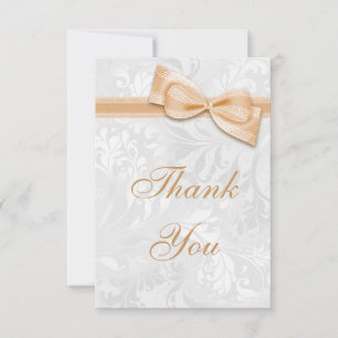 White Damask and  Faux Bow Thank You Card