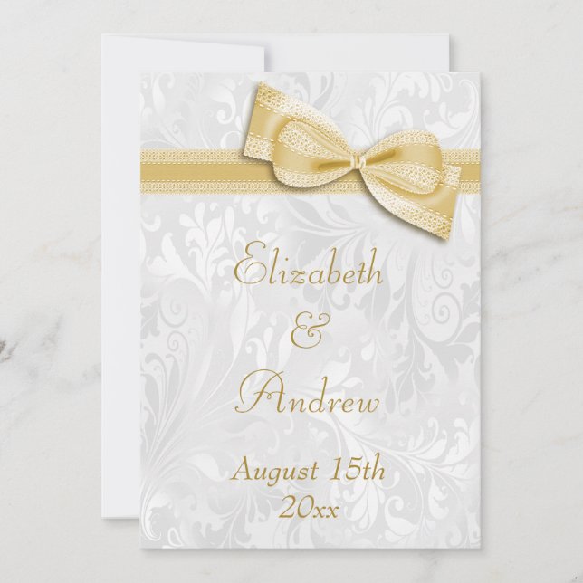 White Damask and Faux Bow Wedding Invitation (Front)