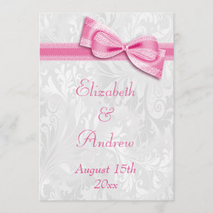 White Damask and Faux Pink Bow Wedding Invitation