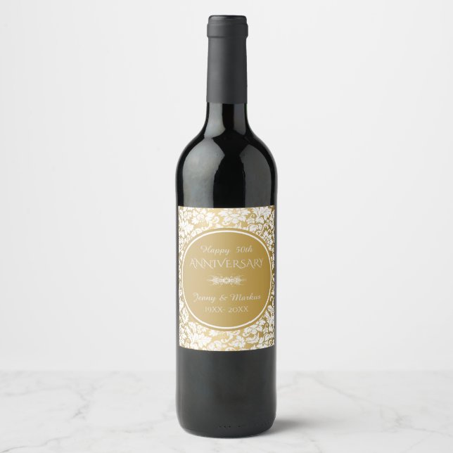 White Damask And Gold Circle- 50th Anniversary Wine Label (Front)