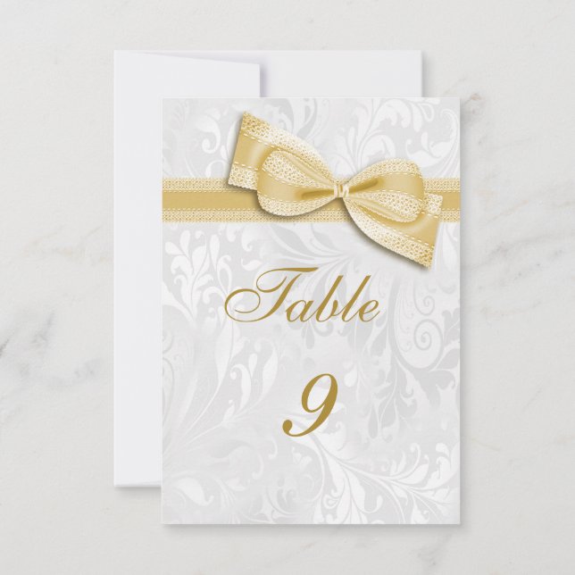 White Damask and  Gold Faux Bow Invitation (Back)