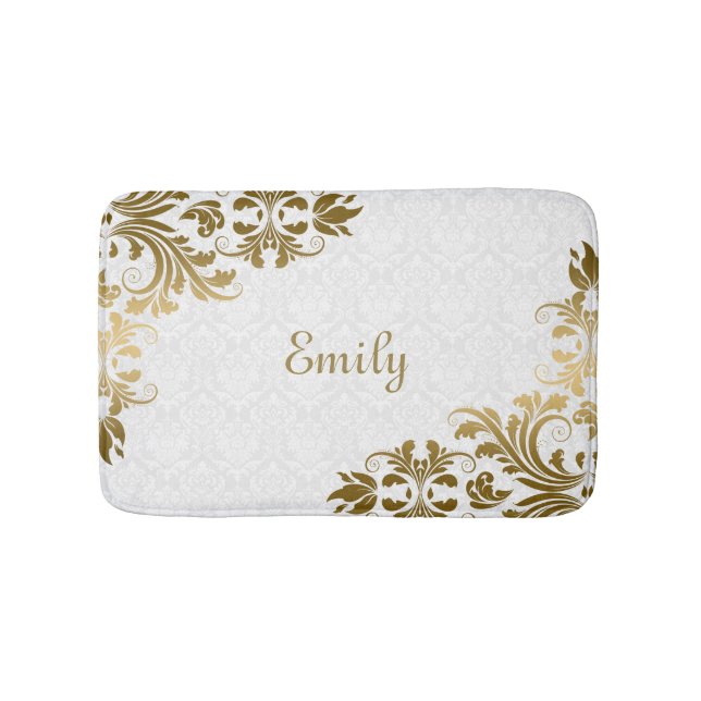 White Damask And Gold Swirls Bath Mat (Front)
