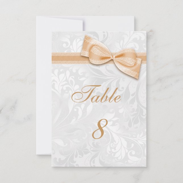 White Damask and  Peach Faux Bow Invitation (Front)