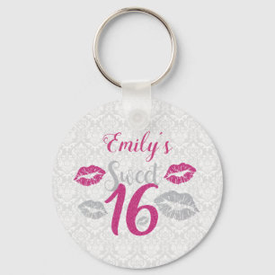 White Damask And Pink And Grey Glitter Key Ring