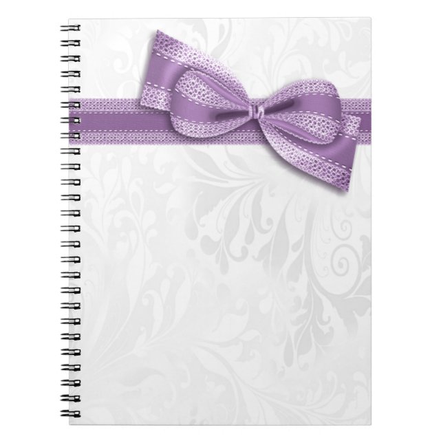White Damask and  Purple Faux Bow Notebook (Front)