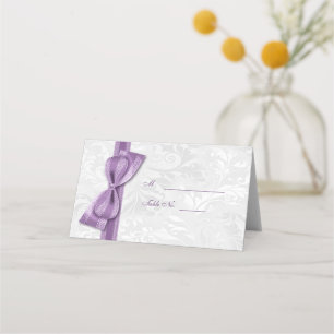 White Damask and Purple Faux Bow Place Card