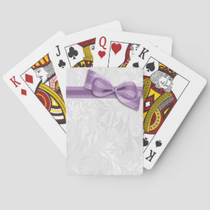 White Damask and Purple Faux Bow Playing Cards