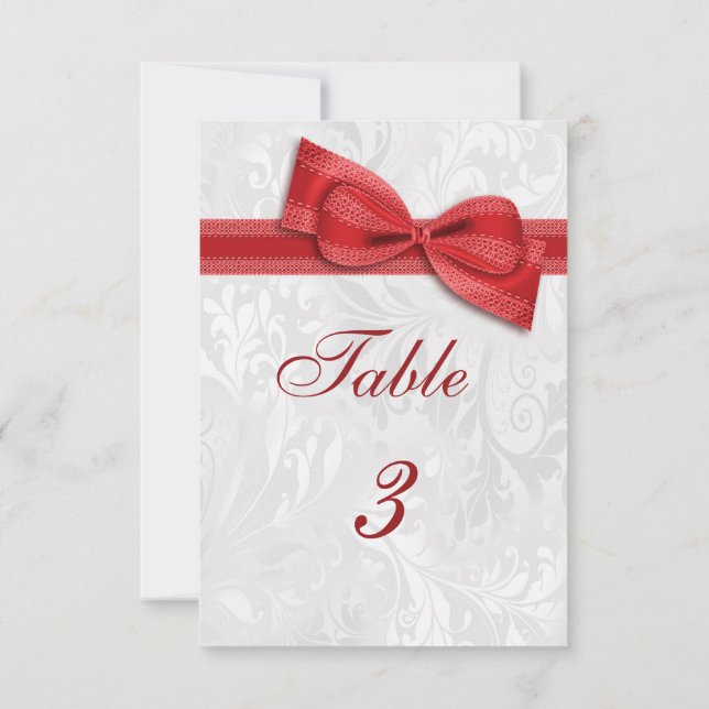 White Damask and Red Faux Bow Invitation (Back)