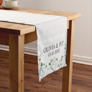 White Damask And Roses- Save The Date Short Table Runner