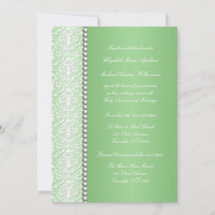 White Damask & Bead Green Wedding Invitations