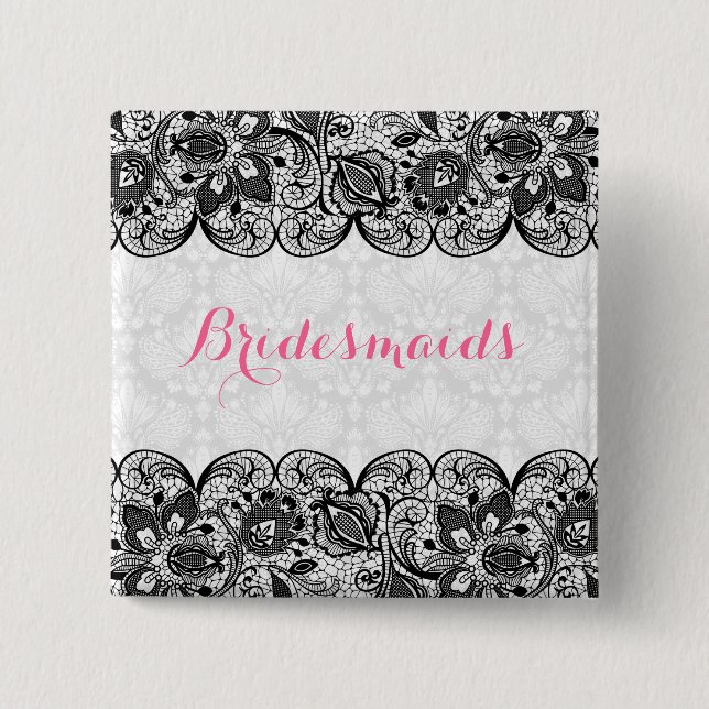 White Damask & Black Lace Bridesmaids Button (Front)
