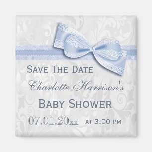 White Damask & Blue Bow Baby Shower Save The Date Magnet