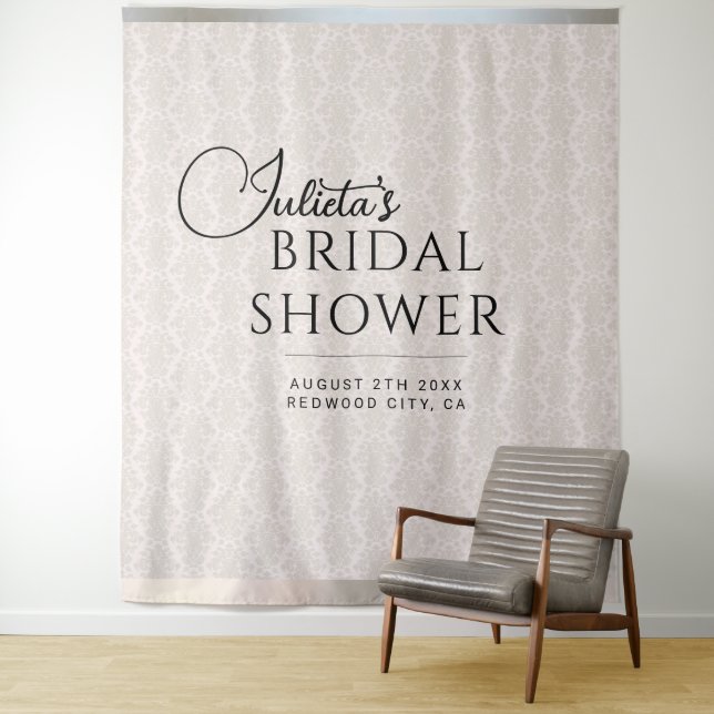 White Damask Bridal Shower Photo Booth Backdrop Tapestry (In Situ)