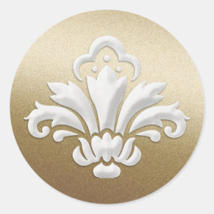 White Damask Design on Gold Shimmer Classic Round Sticker