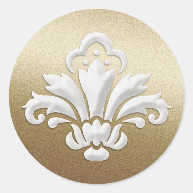 White Damask Design on Gold Shimmer Classic Round Sticker (Front)