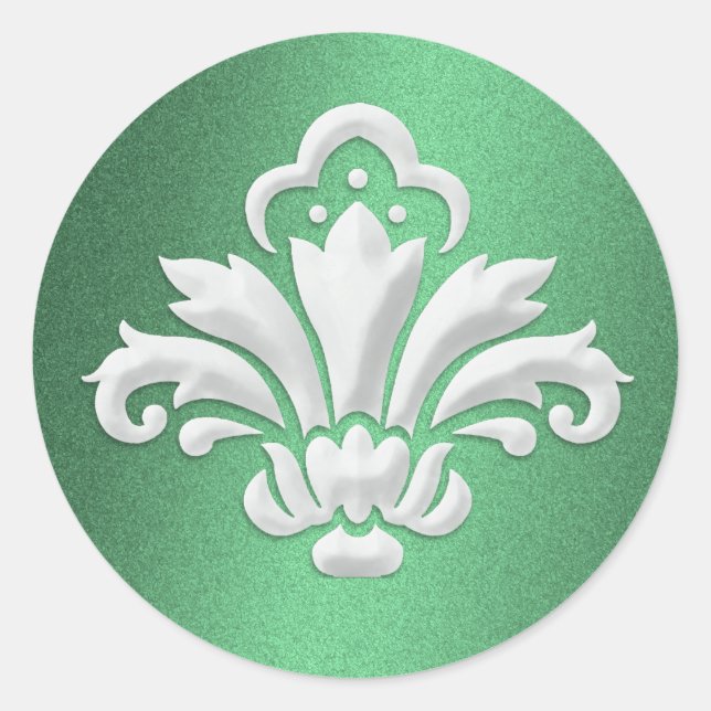 White Damask Design on Green Shimmer Classic Round Sticker (Front)