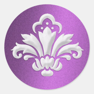 White Damask Design on Purple Shimmer Classic Round Sticker