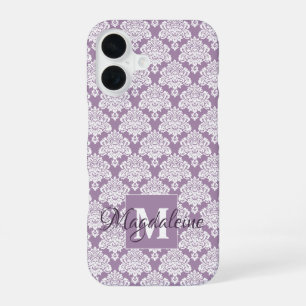 White Damask Dusty Purple Monogram & Name Pretty iPhone 16 Case