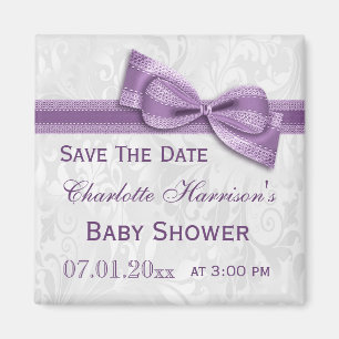 White Damask & Faux Bow Baby Shower Save The Date Magnet