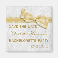 White Damask & Faux Bow Bachelorette Save The Date