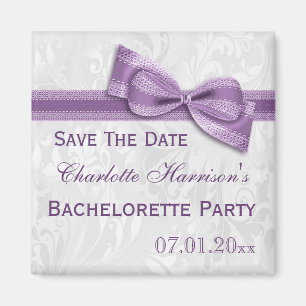 White Damask & Faux Bow Bachelorette Save The Date Magnet