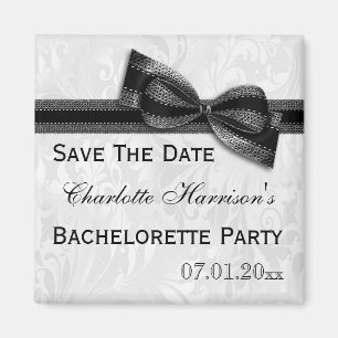White Damask & Faux Bow Bachelorette Save The Date Magnet