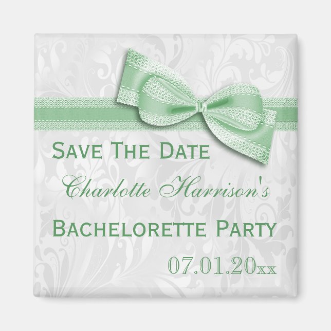 White Damask & Faux Bow Bachelorette Save The Date Magnet (Front)
