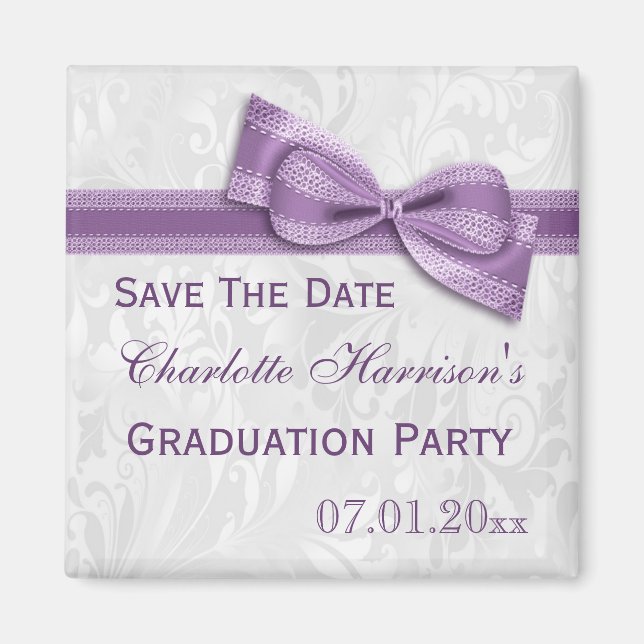 White Damask & Faux Bow Graduation Save The Date Magnet (Front)