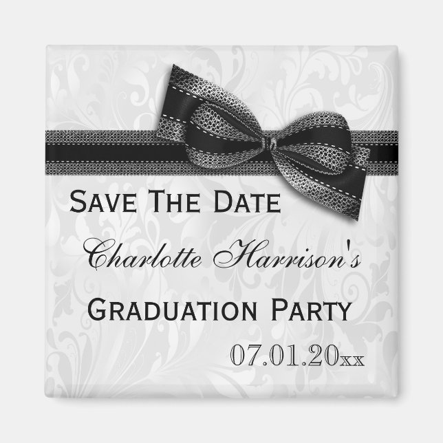White Damask & Faux Bow Graduation Save The Date Magnet (Front)