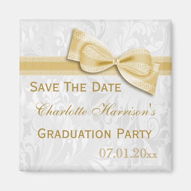 White Damask & Faux Bow Graduation Save The Date Magnet (Front)