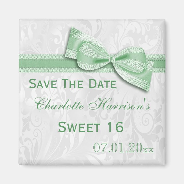 White Damask & Faux Bow Sweet 16 Save The Date Magnet (Front)