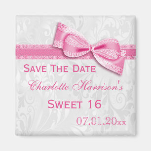 White Damask & Faux Bow Sweet 16 Save The Date Magnet